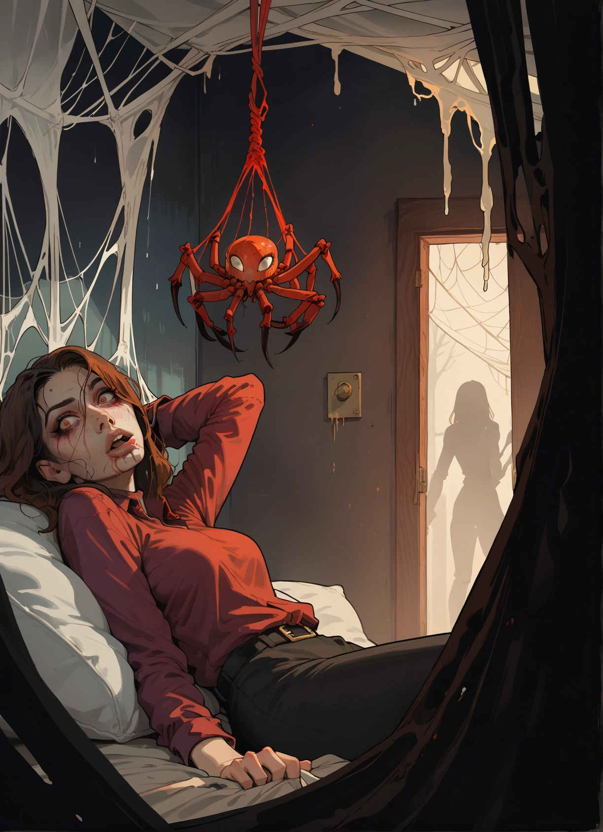 shirt, silk, spider web, pants, pillow, lying