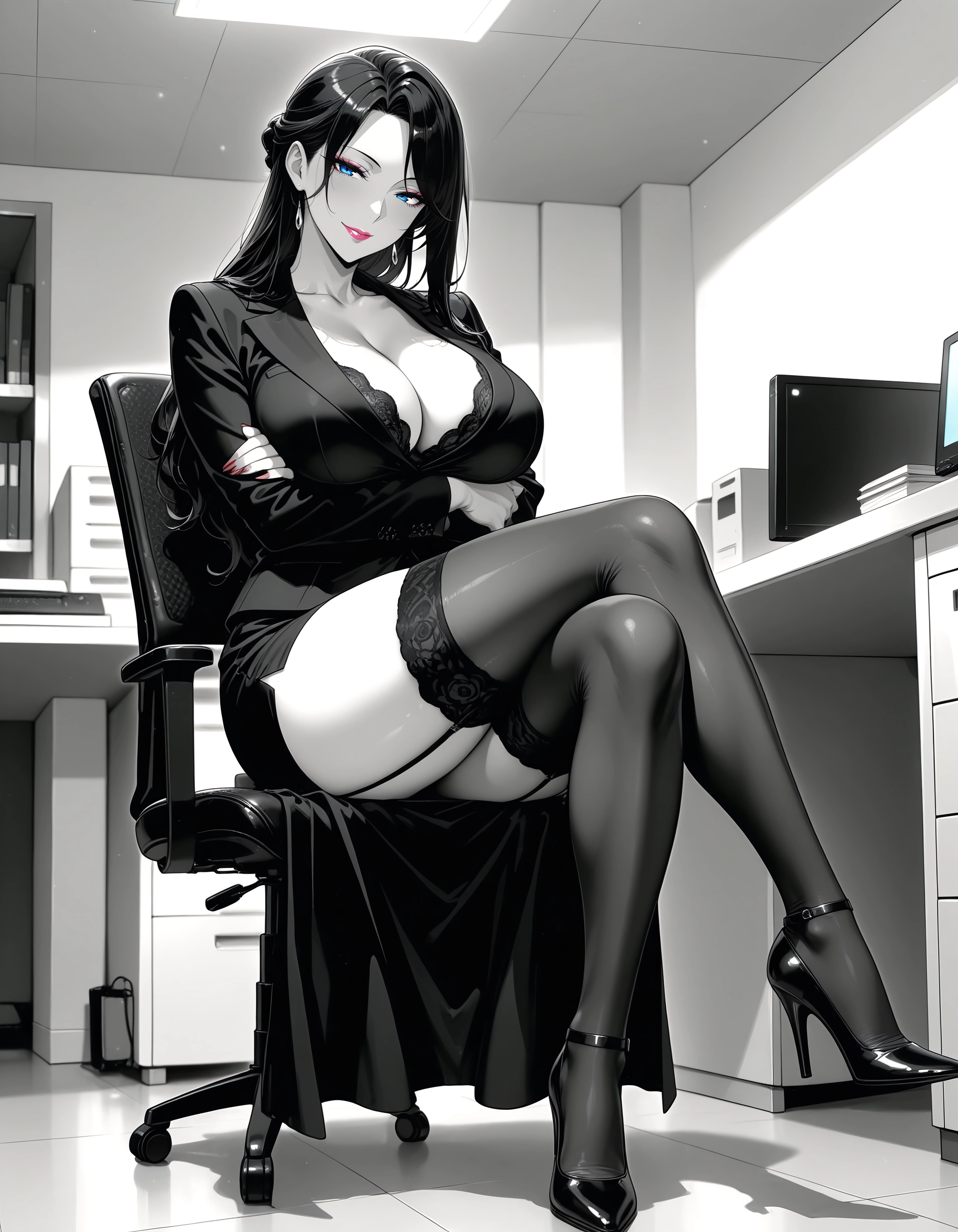 1girl, breasts, thighhighs, high heels, sitting, crossed legs · Yamete.gg