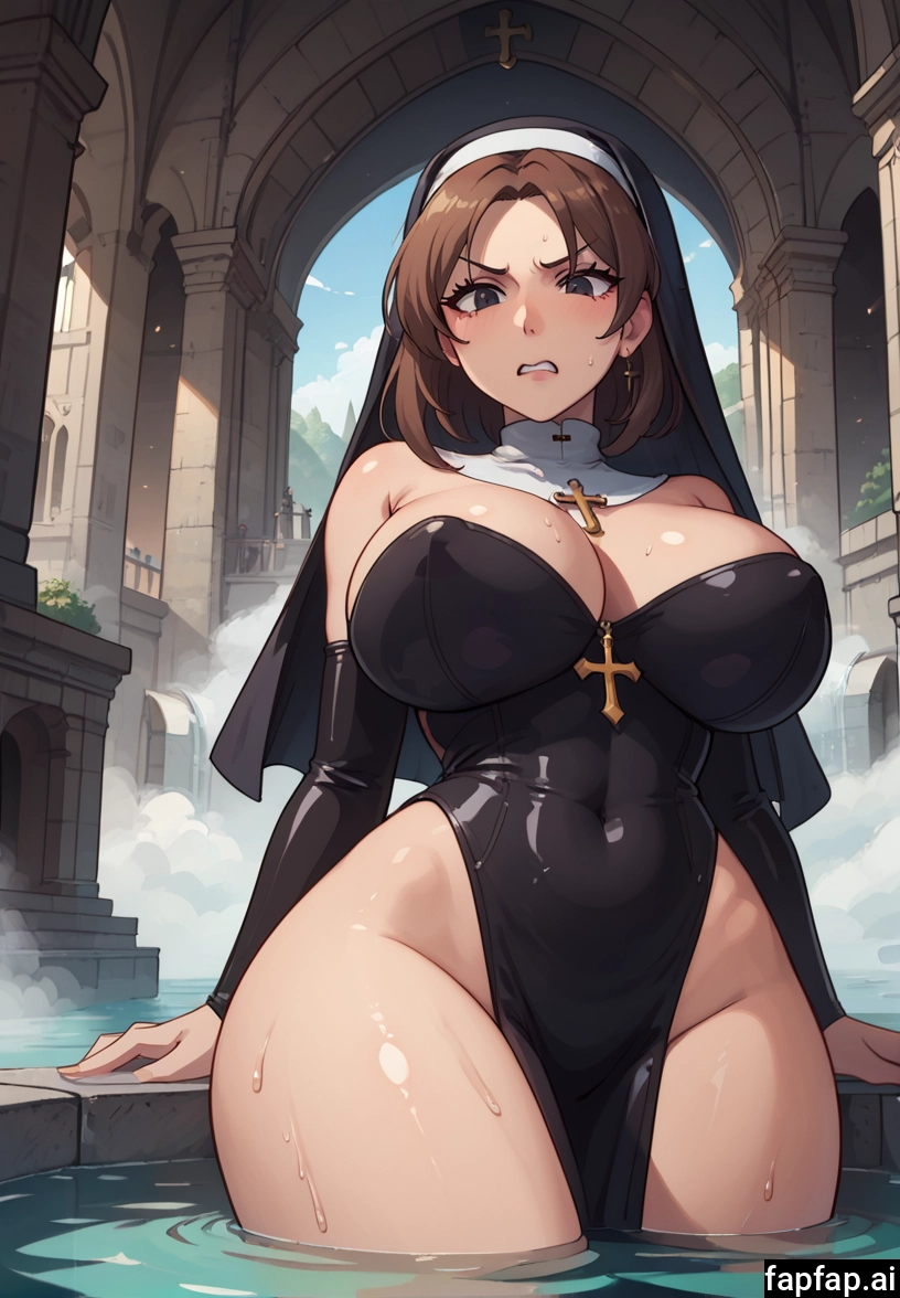 1girl, breasts, nun, brown hair, solo, large breasts
