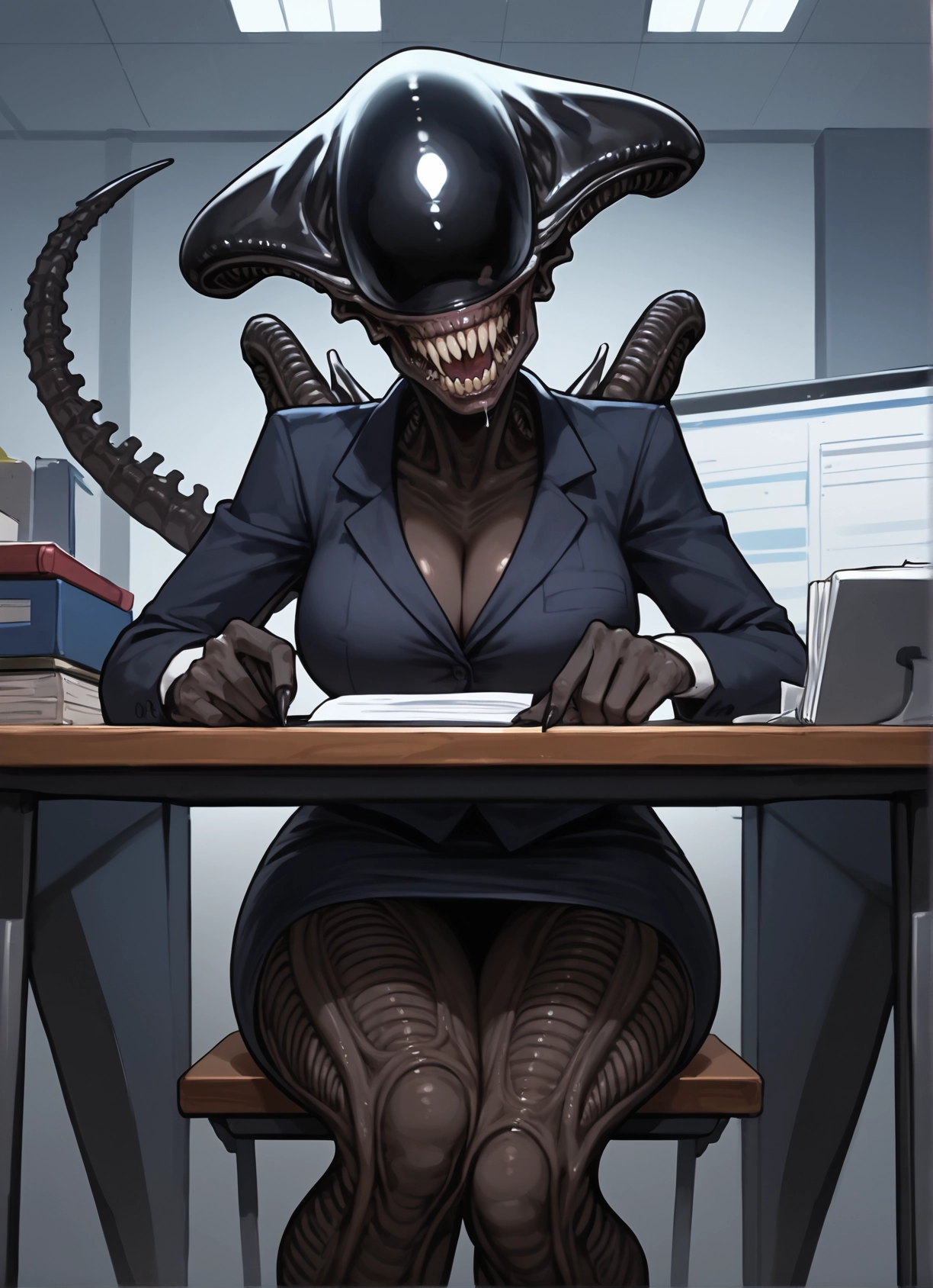 1girl, breasts, skirt, cleavage, sitting, solo