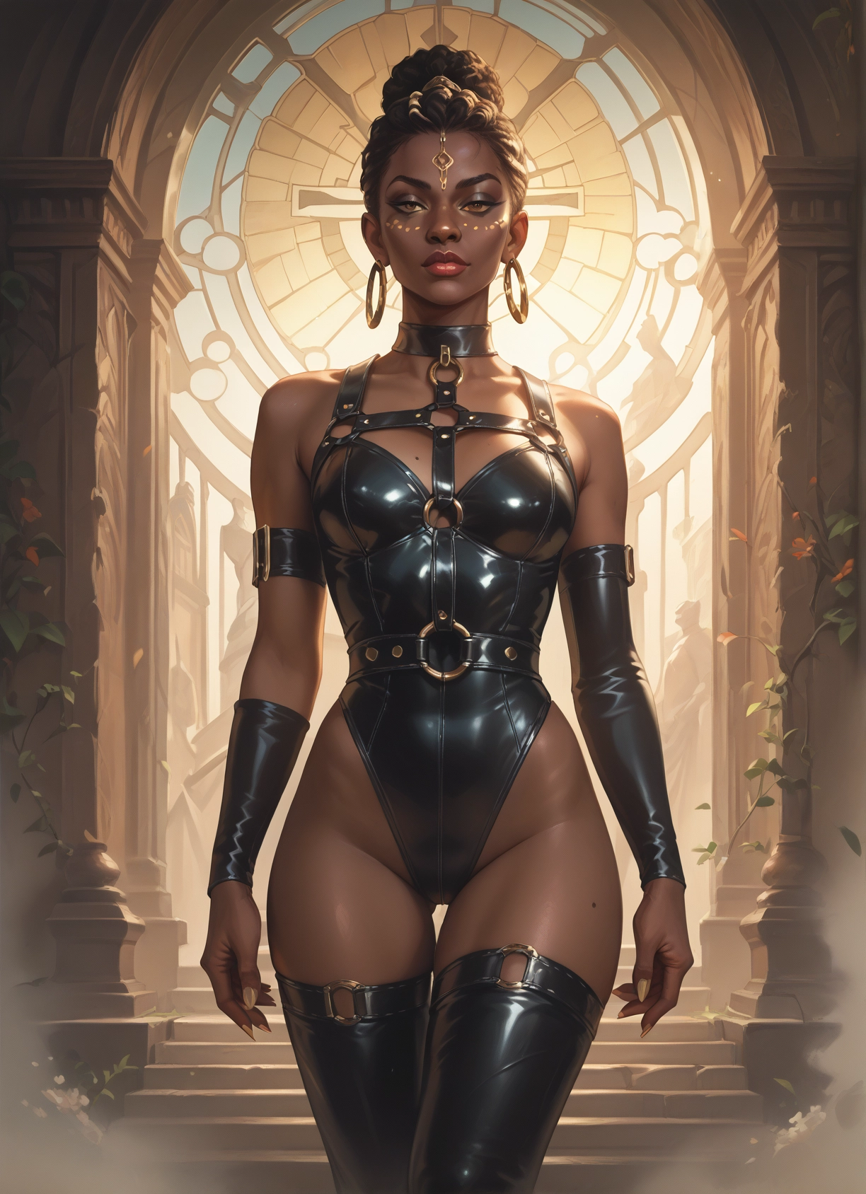 1girl, solo, jewelry, earrings, thighhighs, dark skin · Yamete.gg