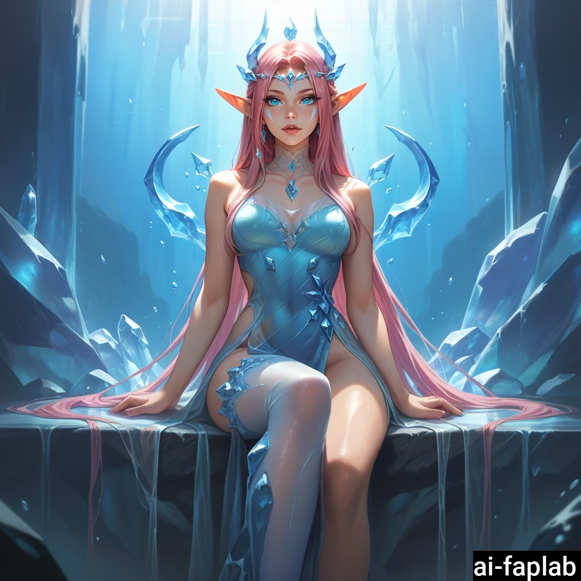 1girl, solo, long hair, sitting, pointy ears, thighhighs · Yamete.gg