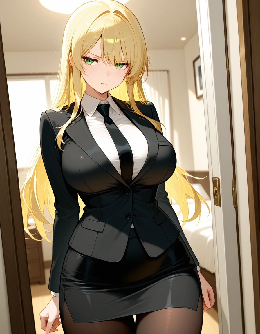 1girl, solo, breasts, blonde hair, skirt, green eyes · Yamete.gg