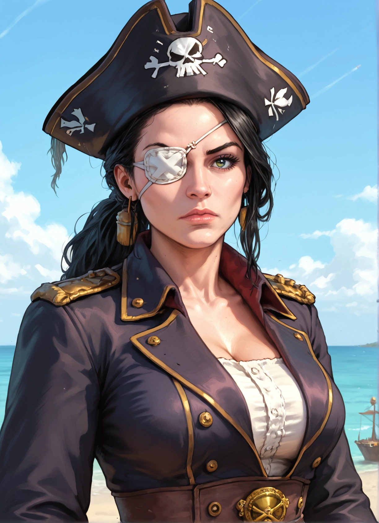 1girl, eyepatch, hat, breasts, solo, cleavage · Yamete.gg