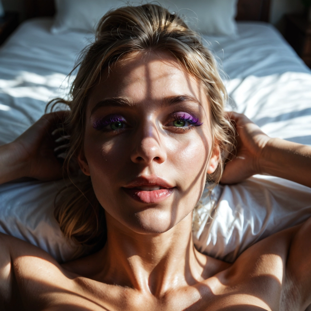 1girl, solo, realistic, green eyes, looking at viewer, lying · Yamete.gg