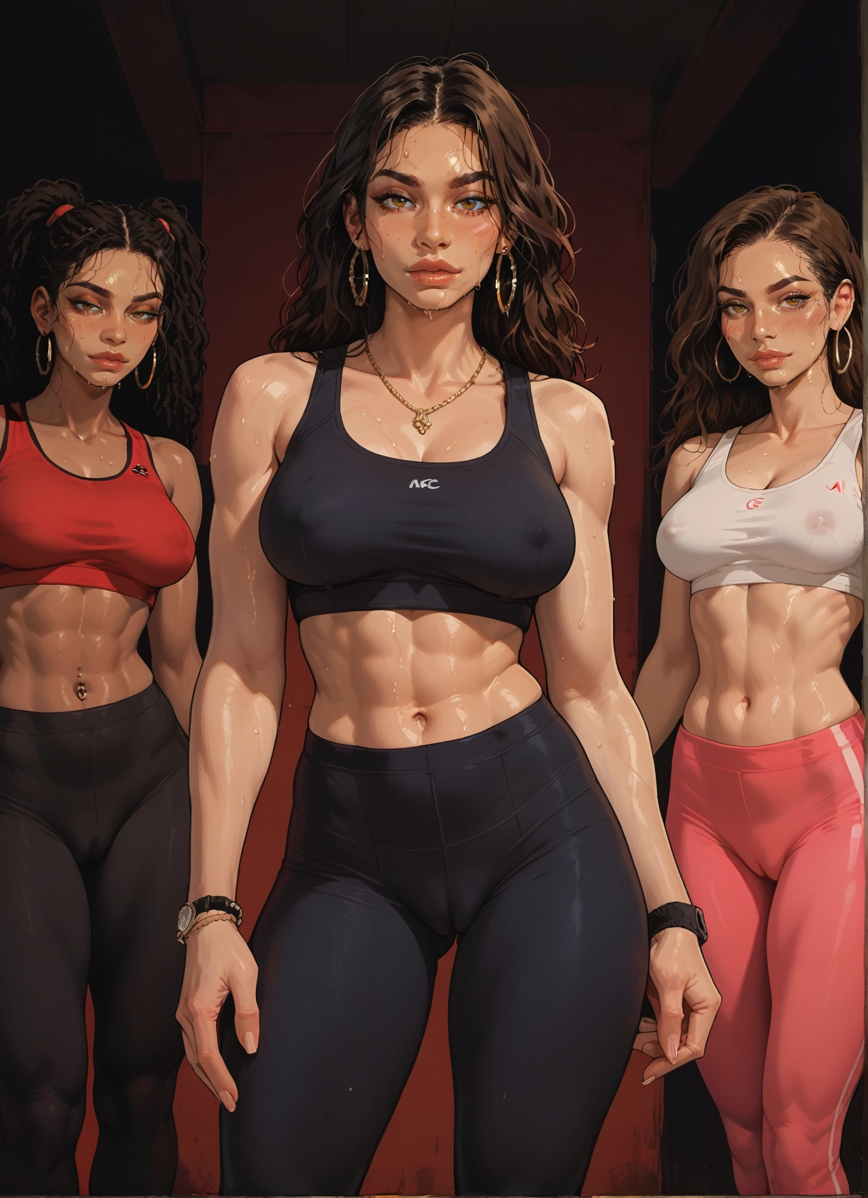 breasts, jewelry, earrings, piercing, navel piercing, sweat · Yamete.gg