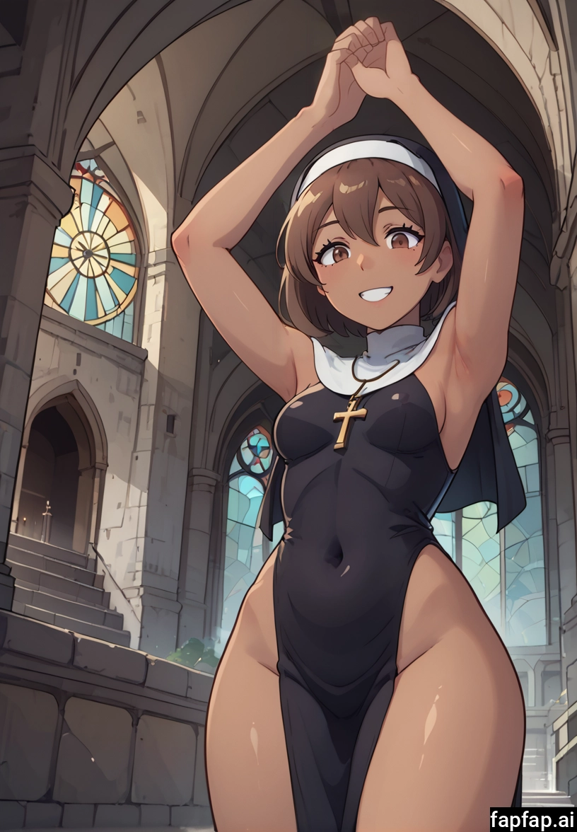 1girl, breasts, church, brown hair, solo, nun · Yamete.gg