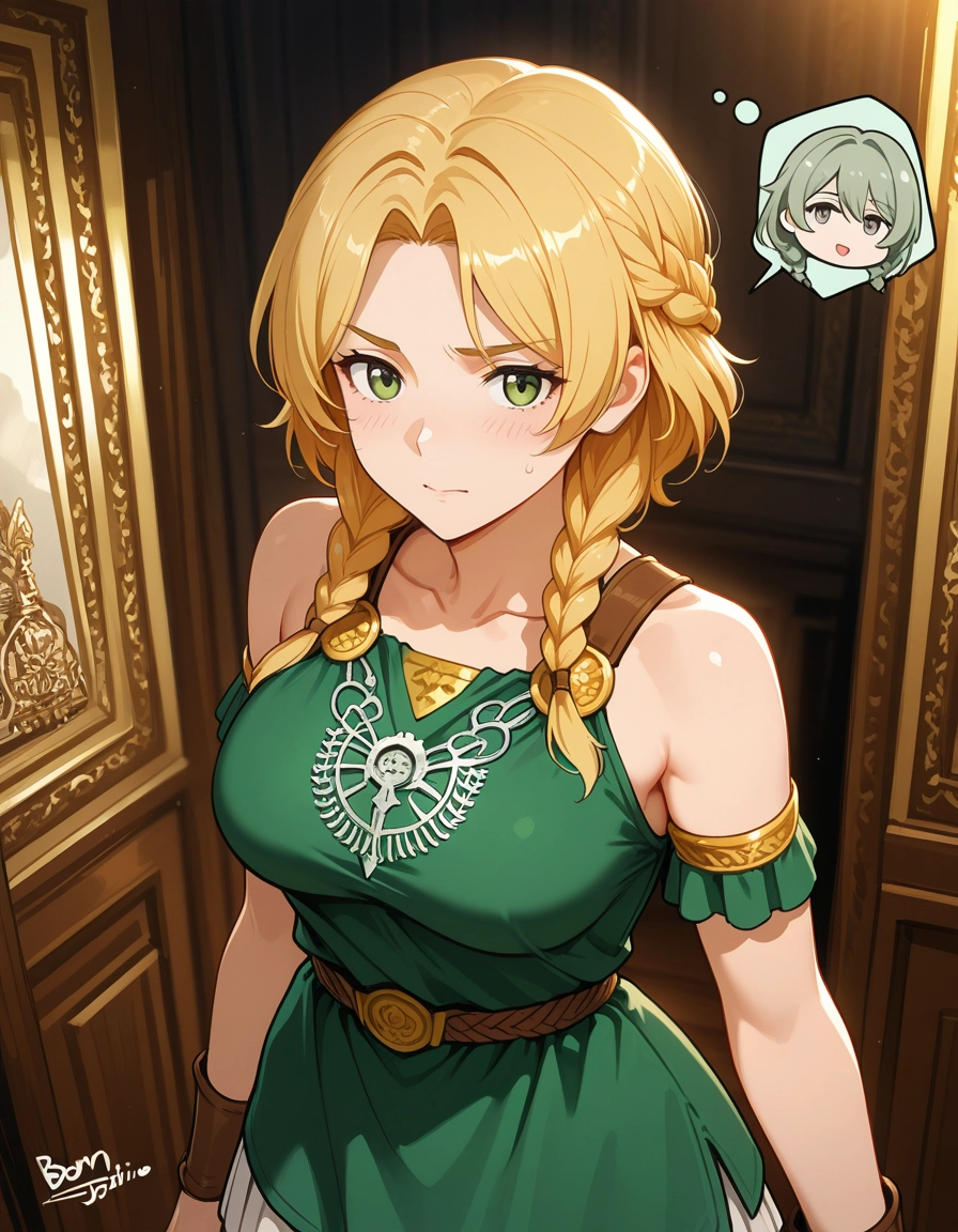 breasts, green eyes, blonde hair, braid, dress, thought bubble · Yamete.gg