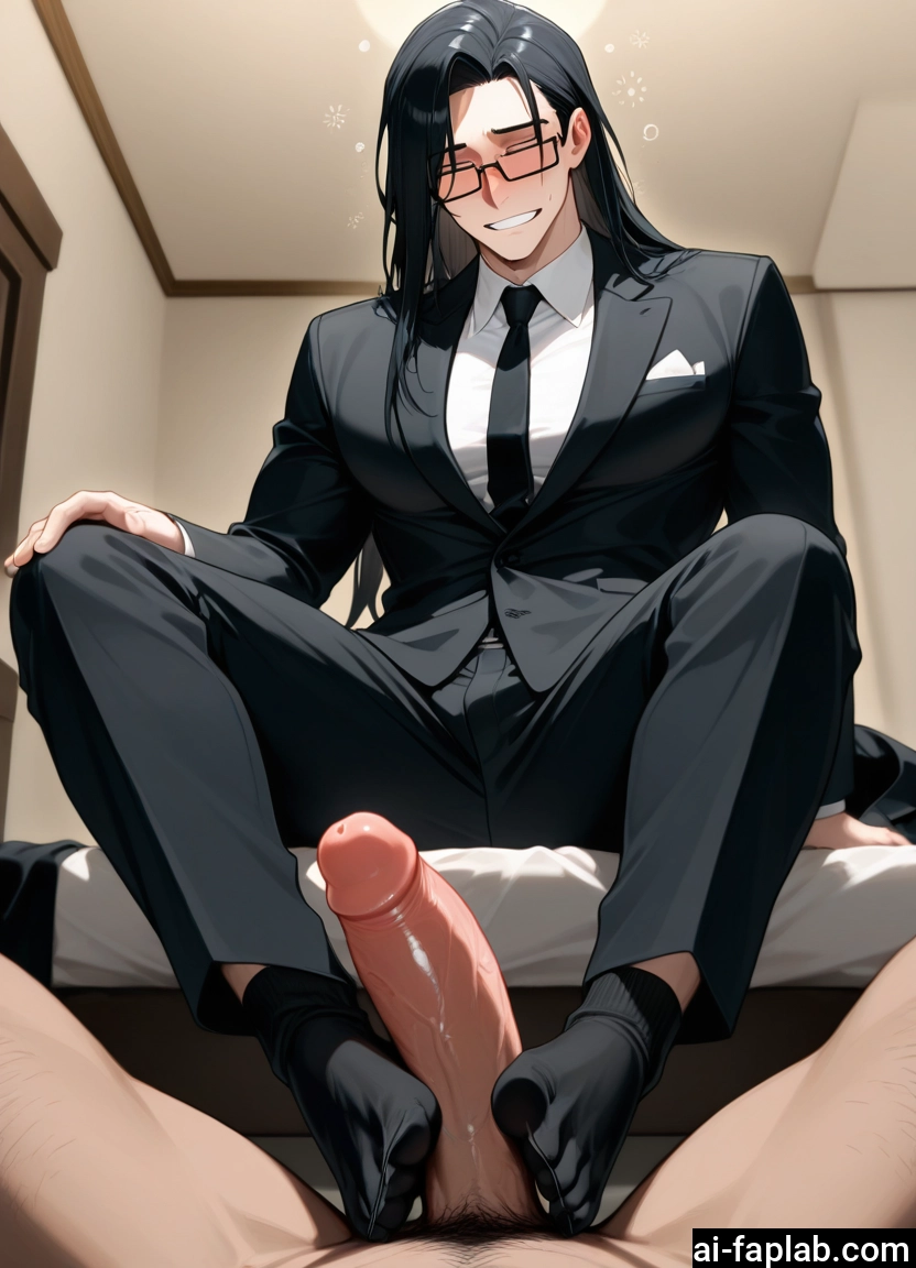 1girl, penis, 1boy, black hair, glasses, footjob · Yamete.gg