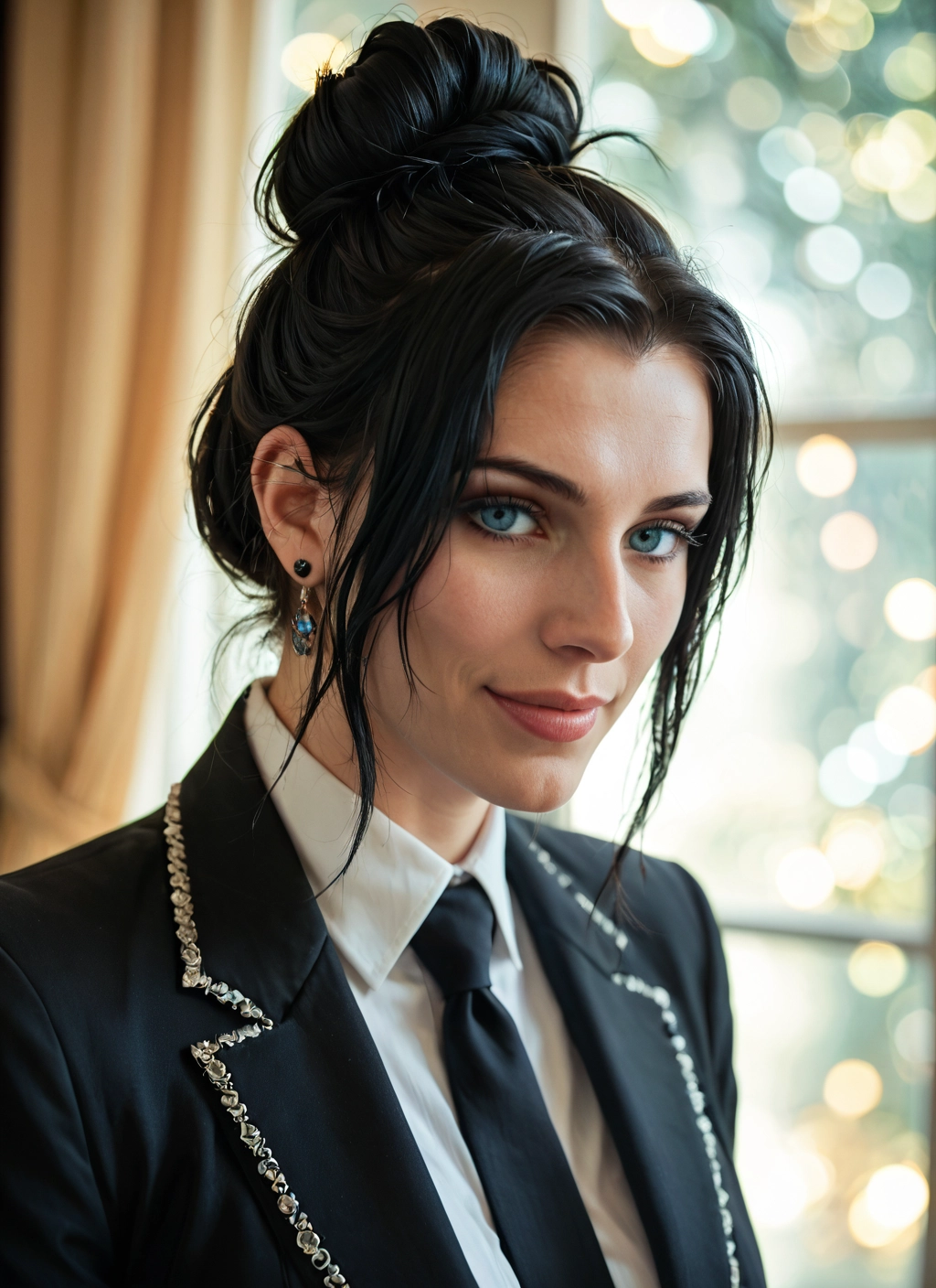 1girl, solo, jewelry, earrings, necktie, black hair · Yamete.gg
