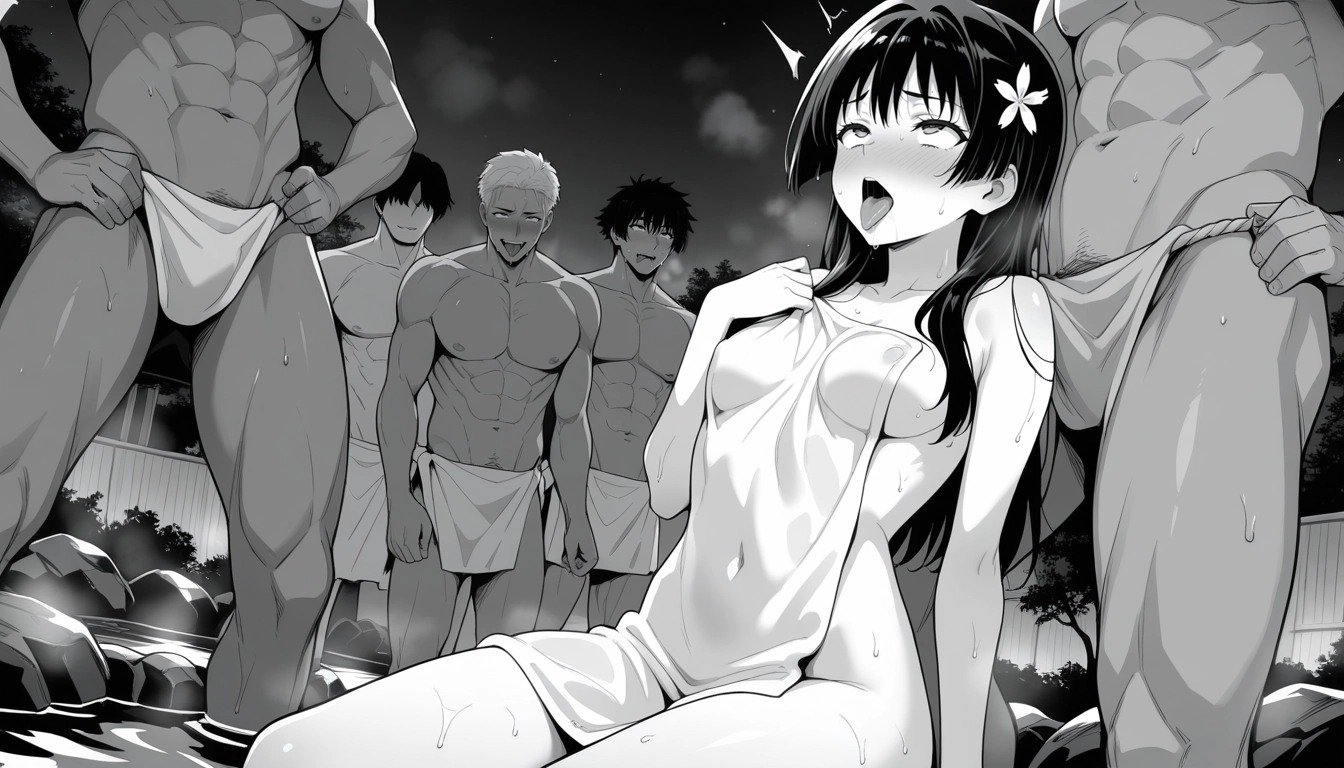 1girl, multiple boys, monochrome, onsen, greyscale, saten ruiko · Yamete.gg