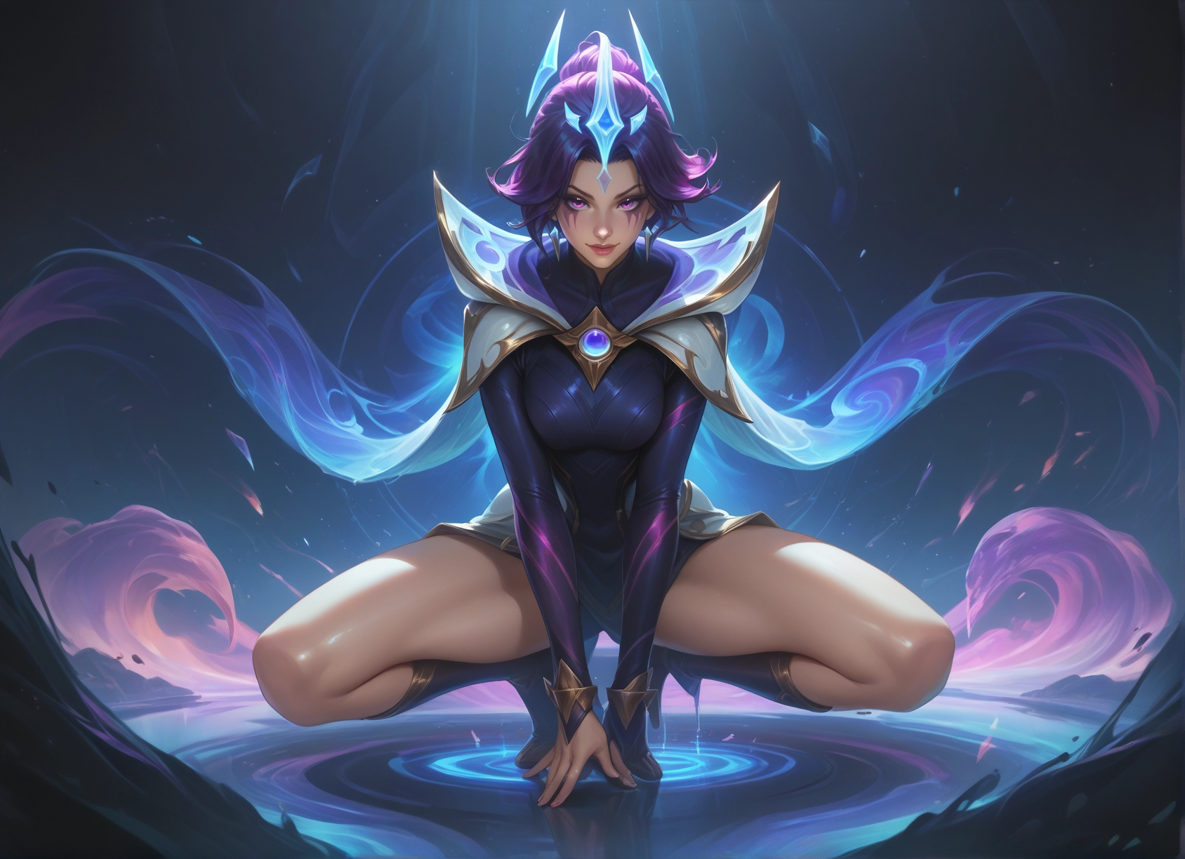 1girl, purple hair, solo, squatting, purple eyes, looking at viewer · Yamete.gg