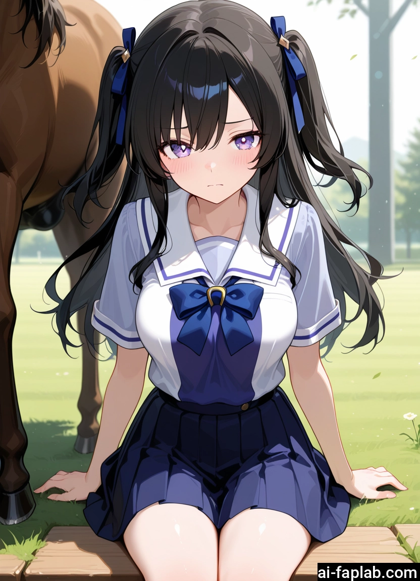 1girl, skirt, school uniform, long hair, purple eyes, sitting