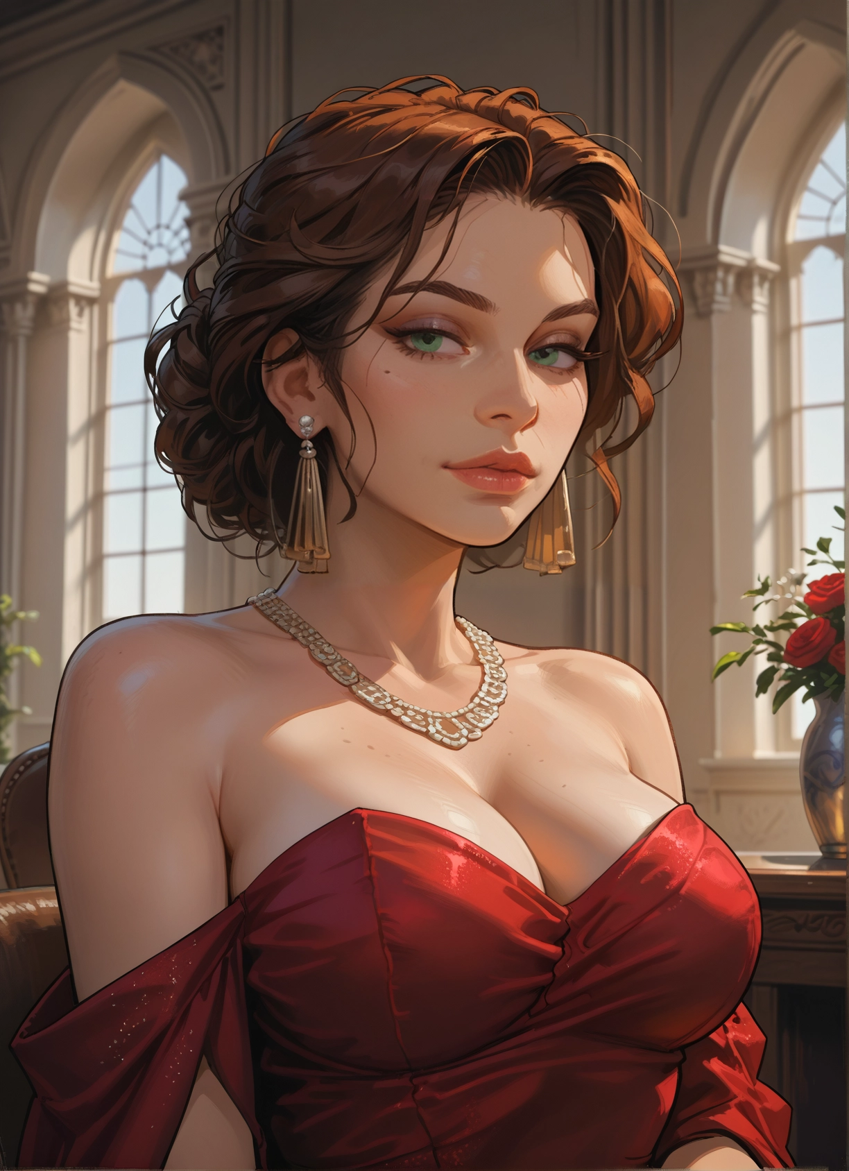 1girl, breasts, jewelry, solo, earrings, dress · Yamete.gg