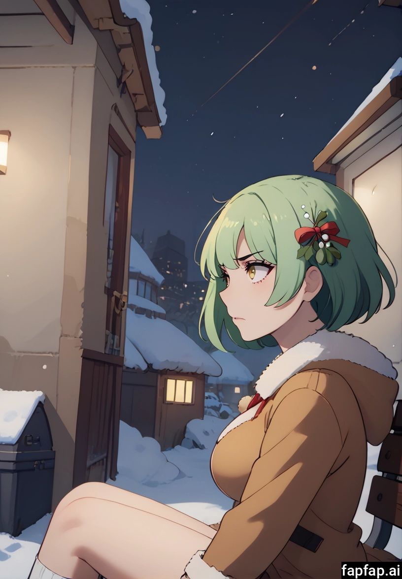 1girl, solo, green hair, short hair, sitting, yellow eyes · Yamete.gg