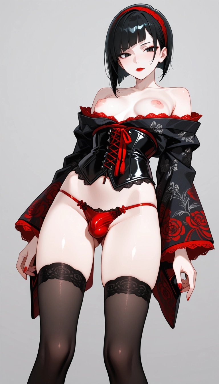 solo, red panties, nipples, bulge, thighhighs, male focus
