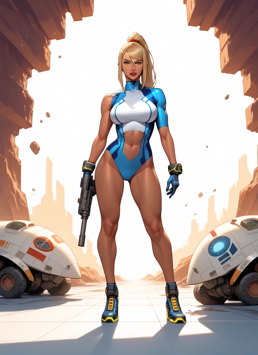 1girl, weapon, gun, blonde hair, breasts, gloves · Yamete.gg