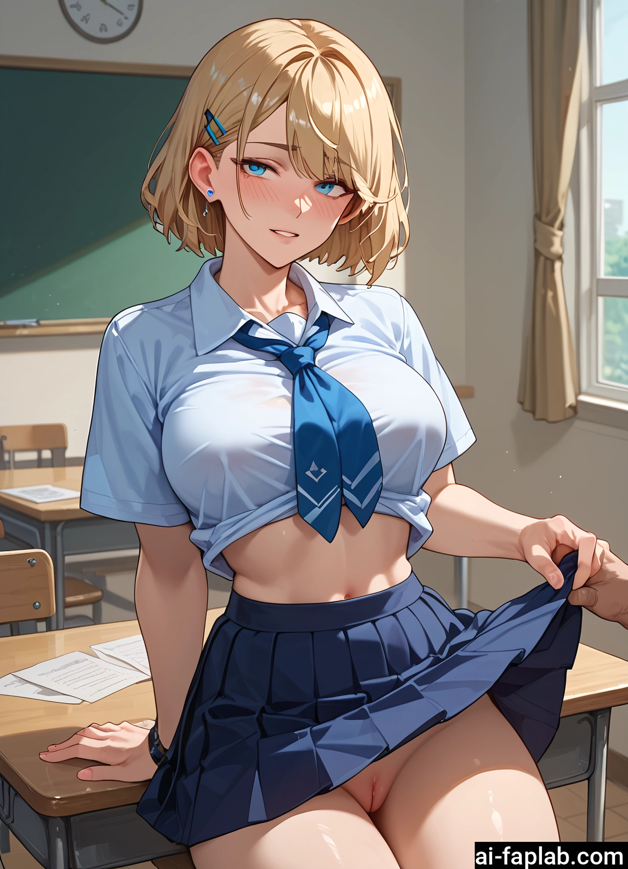 1girl, skirt, pussy, breasts, blonde hair, hair ornament