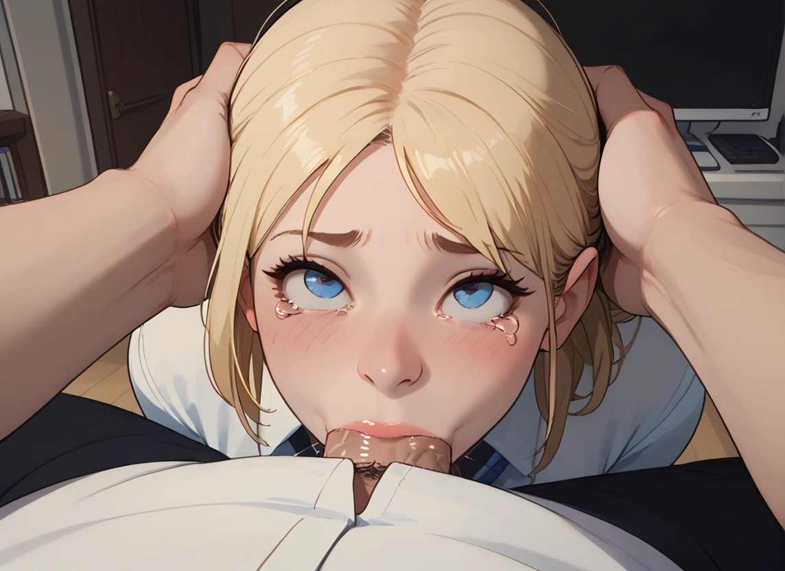 fellatio, 1girl, blonde hair, penis, pov, oral