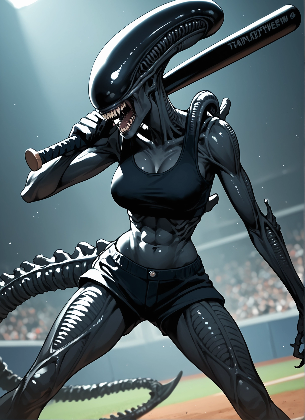 1girl, breasts, shorts, baseball bat, abs, tail · Yamete.gg