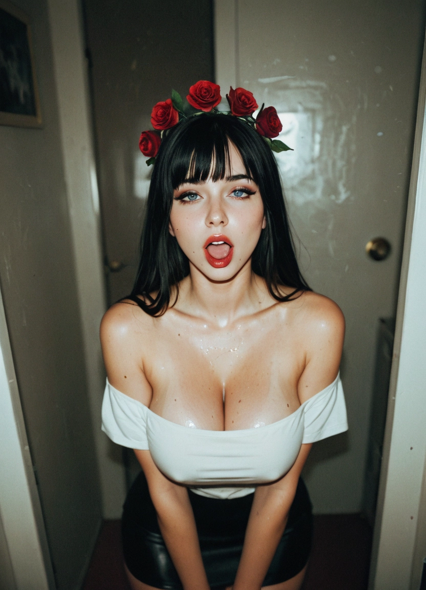 1girl, breasts, solo, black hair, flower, cleavage · Yamete.gg