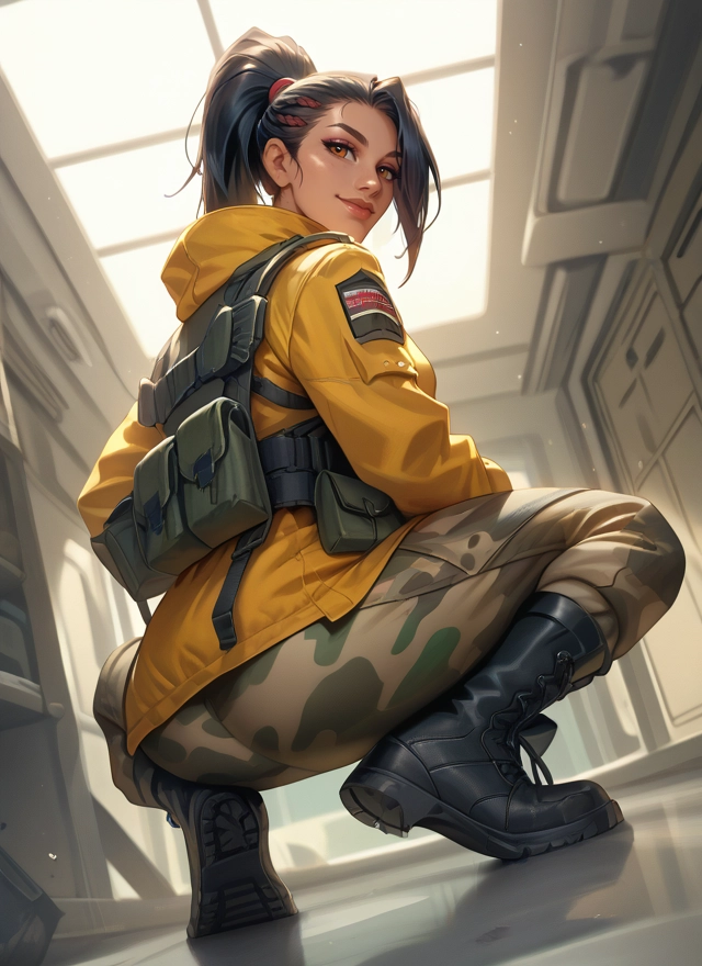 1girl, solo, squatting, boots, ponytail, looking at viewer