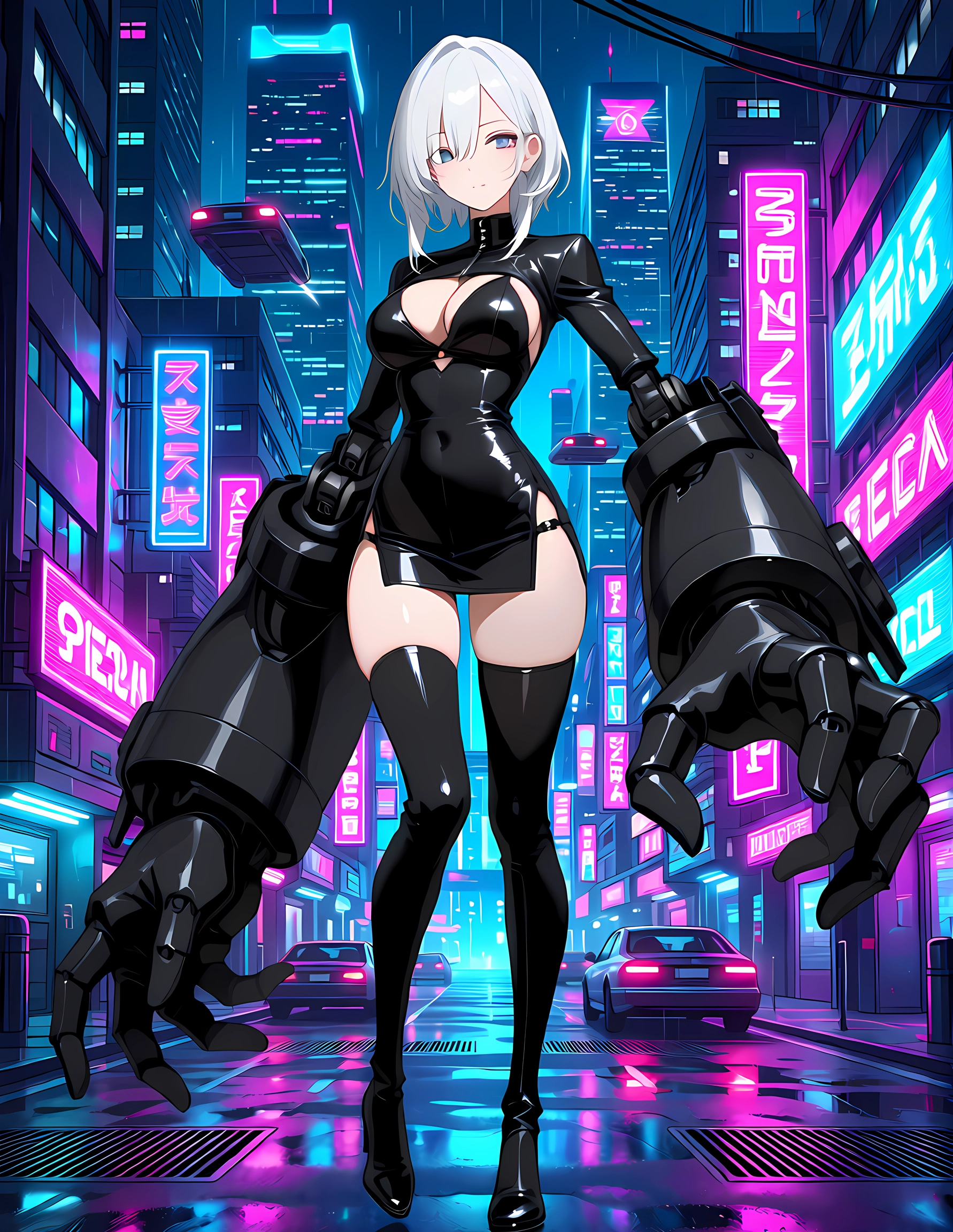 1girl, breasts, thighhighs, solo, cyberpunk, white hair · Yamete.gg