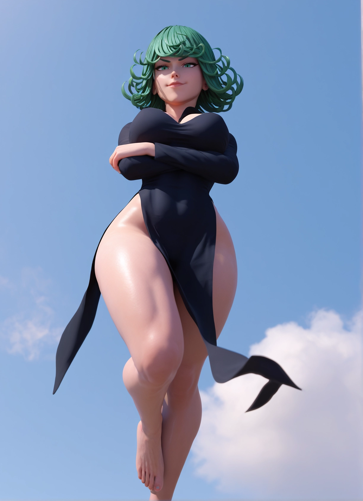 1girl, dress, green eyes, breasts, green hair, barefoot · Yamete.gg