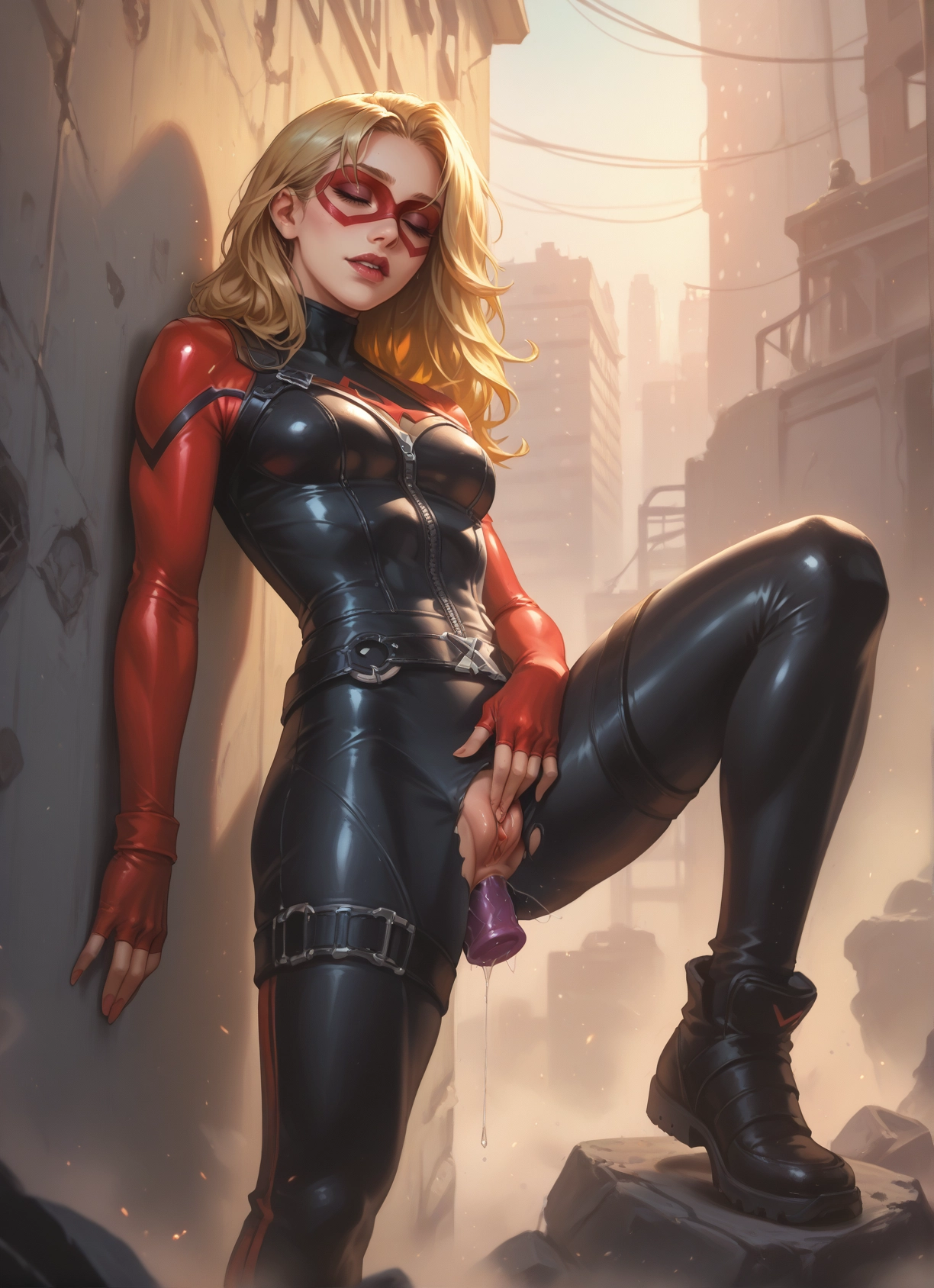 1girl, solo, blonde hair, sex toy, pussy, mask · Yamete.gg
