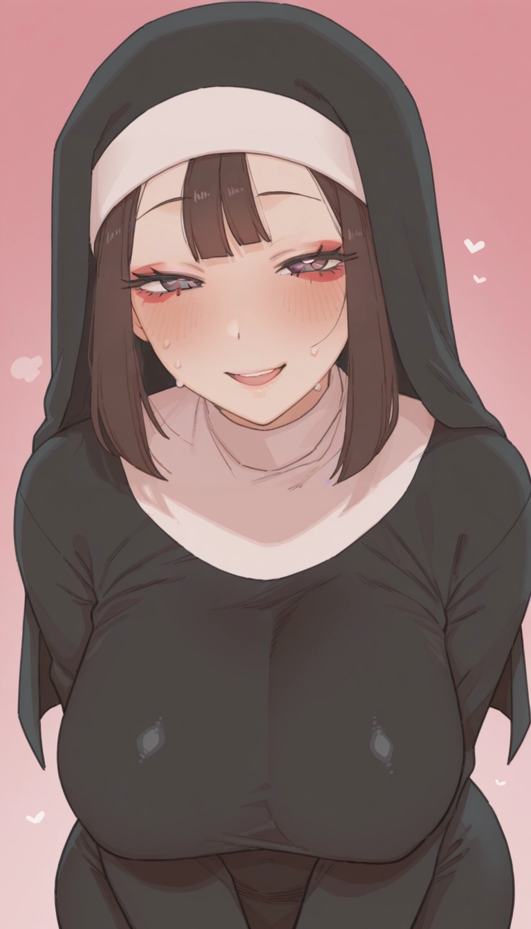 1girl, solo, nun, blush, breasts, brown hair · Yamete.gg