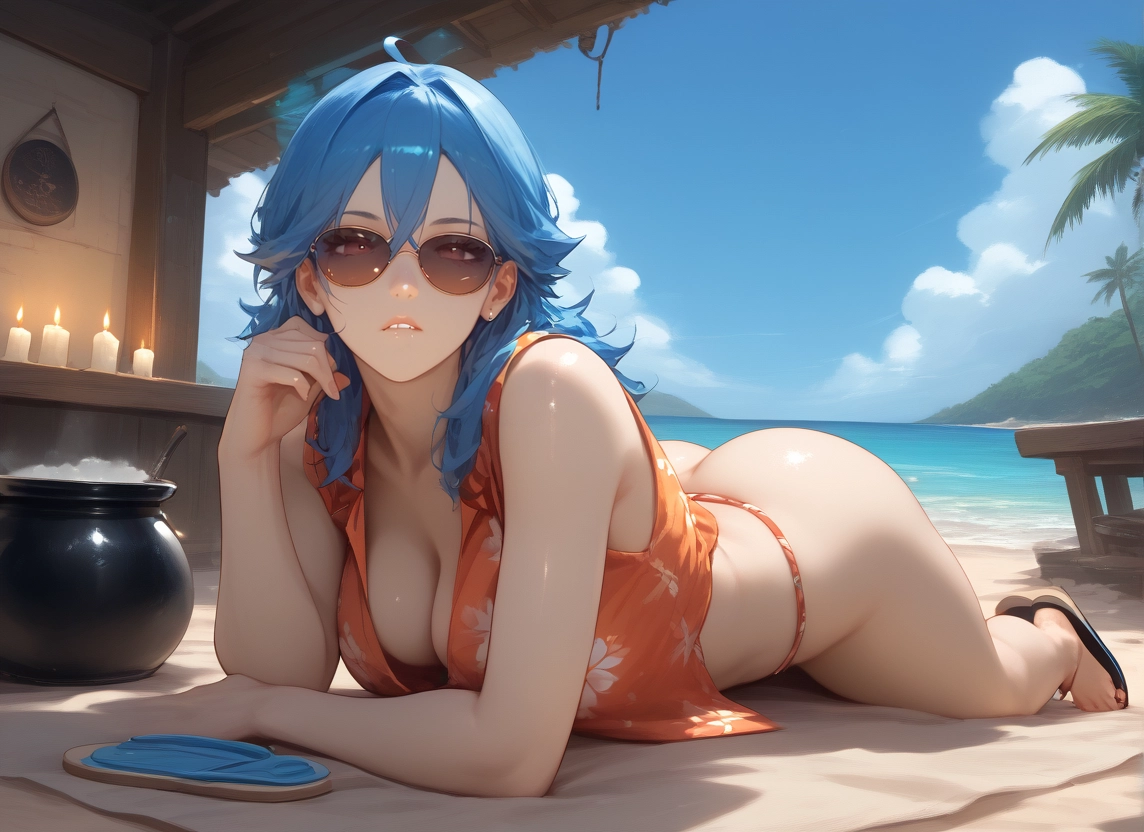 1girl, breasts, blue hair, sunglasses, solo, cleavage · Yamete.gg