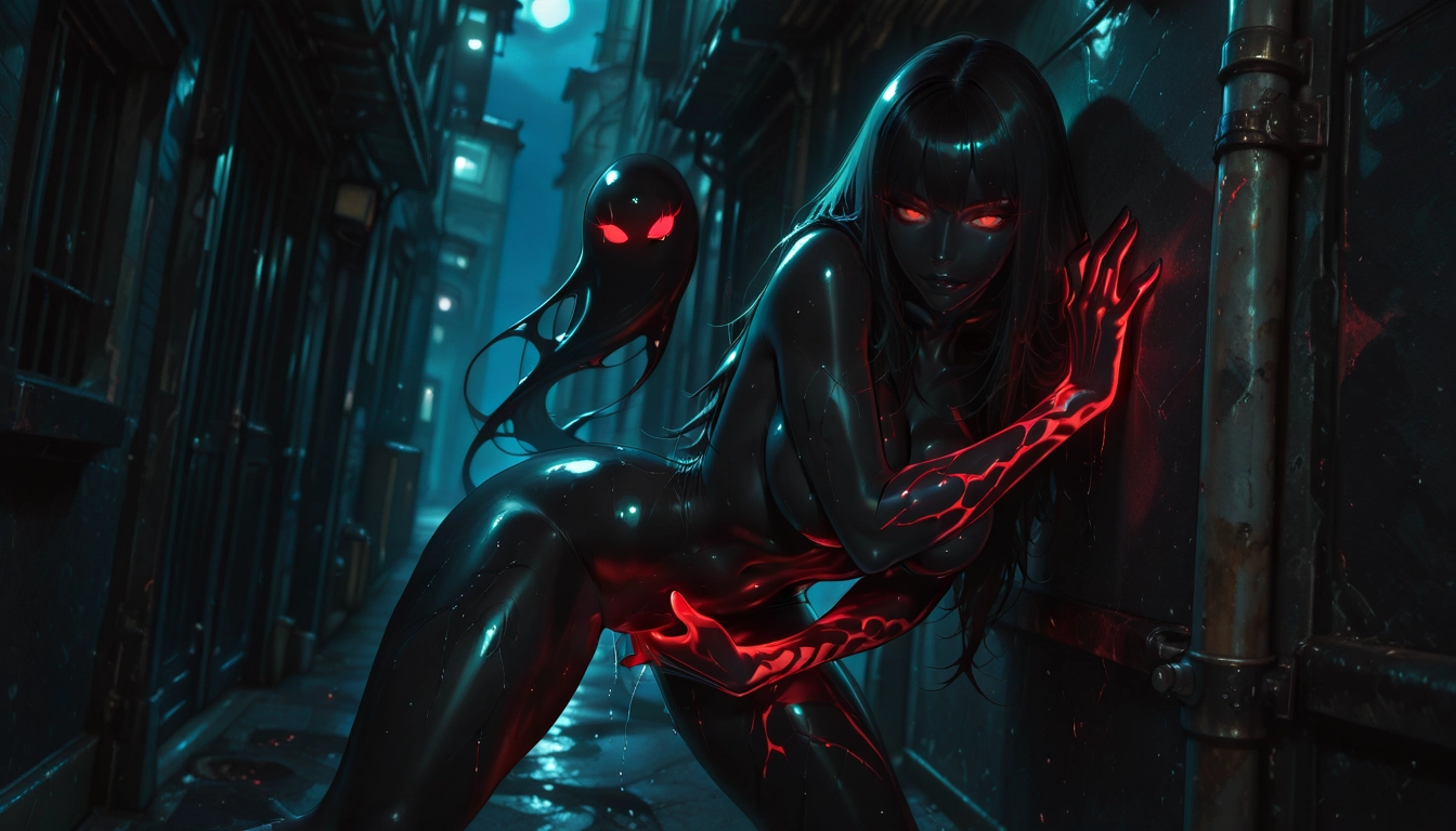 1girl, long hair, red eyes, breasts, nude, alley · Yamete.gg