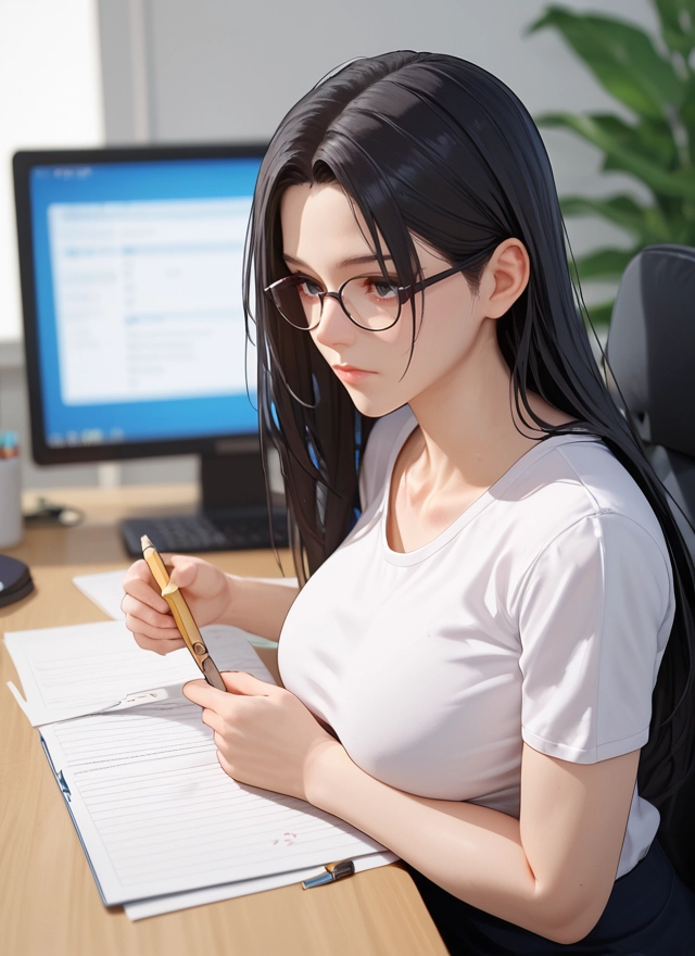 1girl, glasses, breasts, long hair, shirt, black hair · Yamete.gg