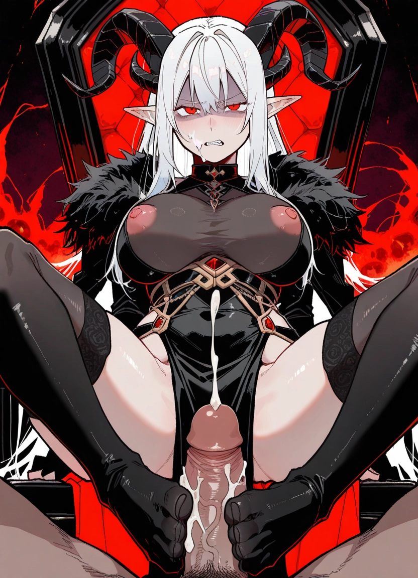 1girl, footjob, horns, breasts, hetero, red eyes · Yamete.gg