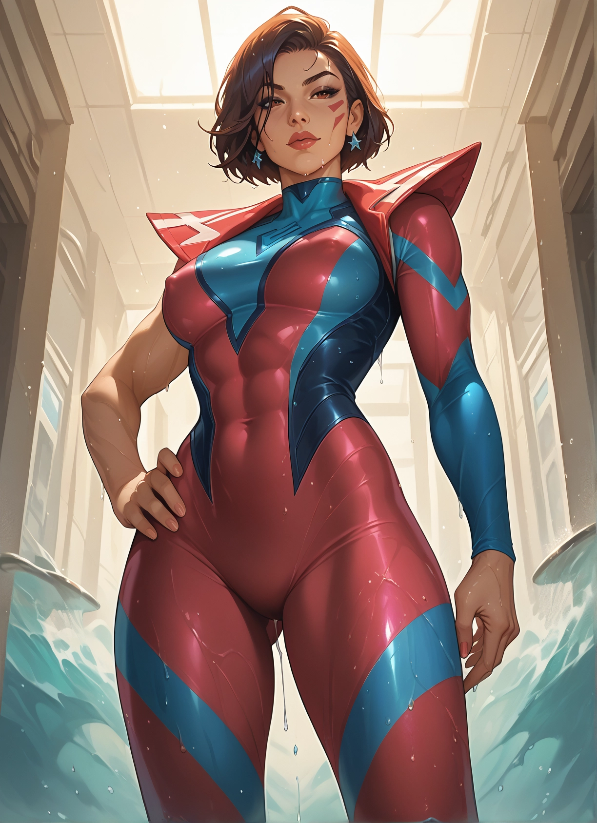 1girl, bodysuit, breasts, jewelry, solo, earrings · Yamete.gg