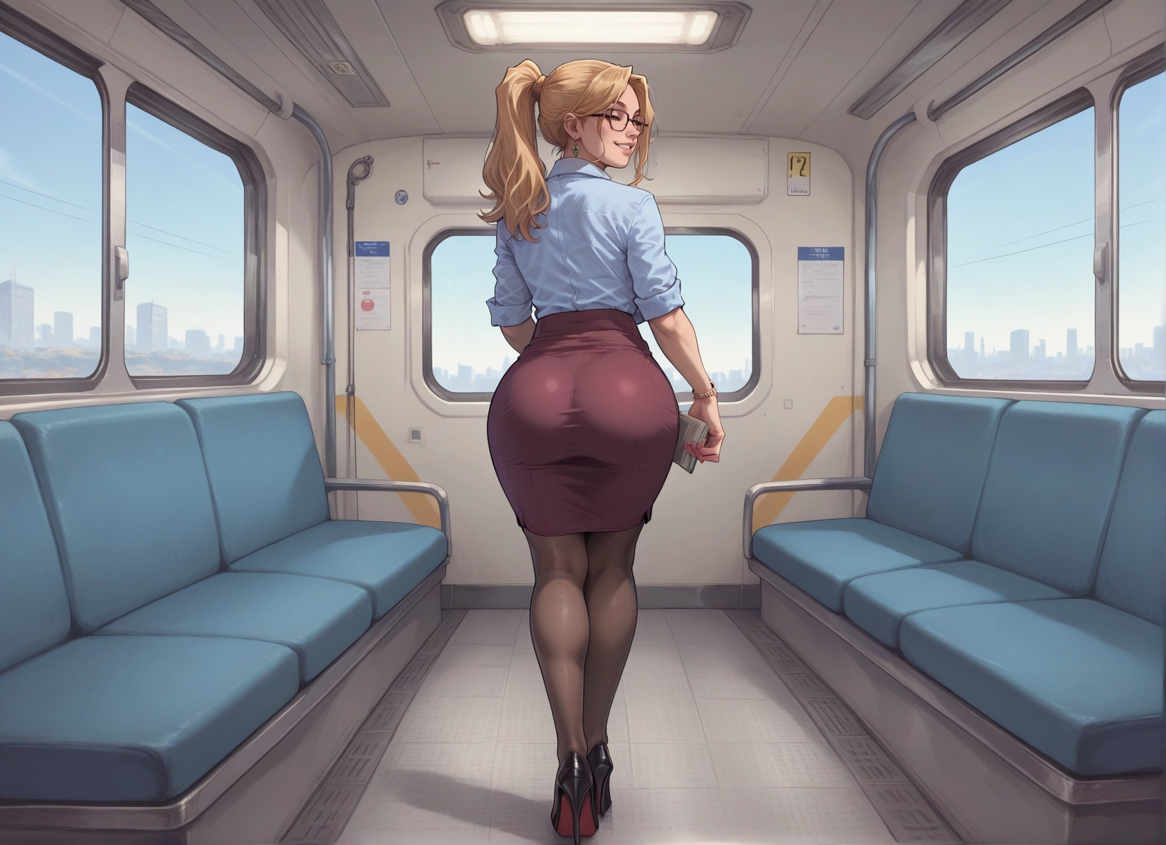 1girl, pantyhose, skirt, ass, solo, ponytail · Yamete.gg