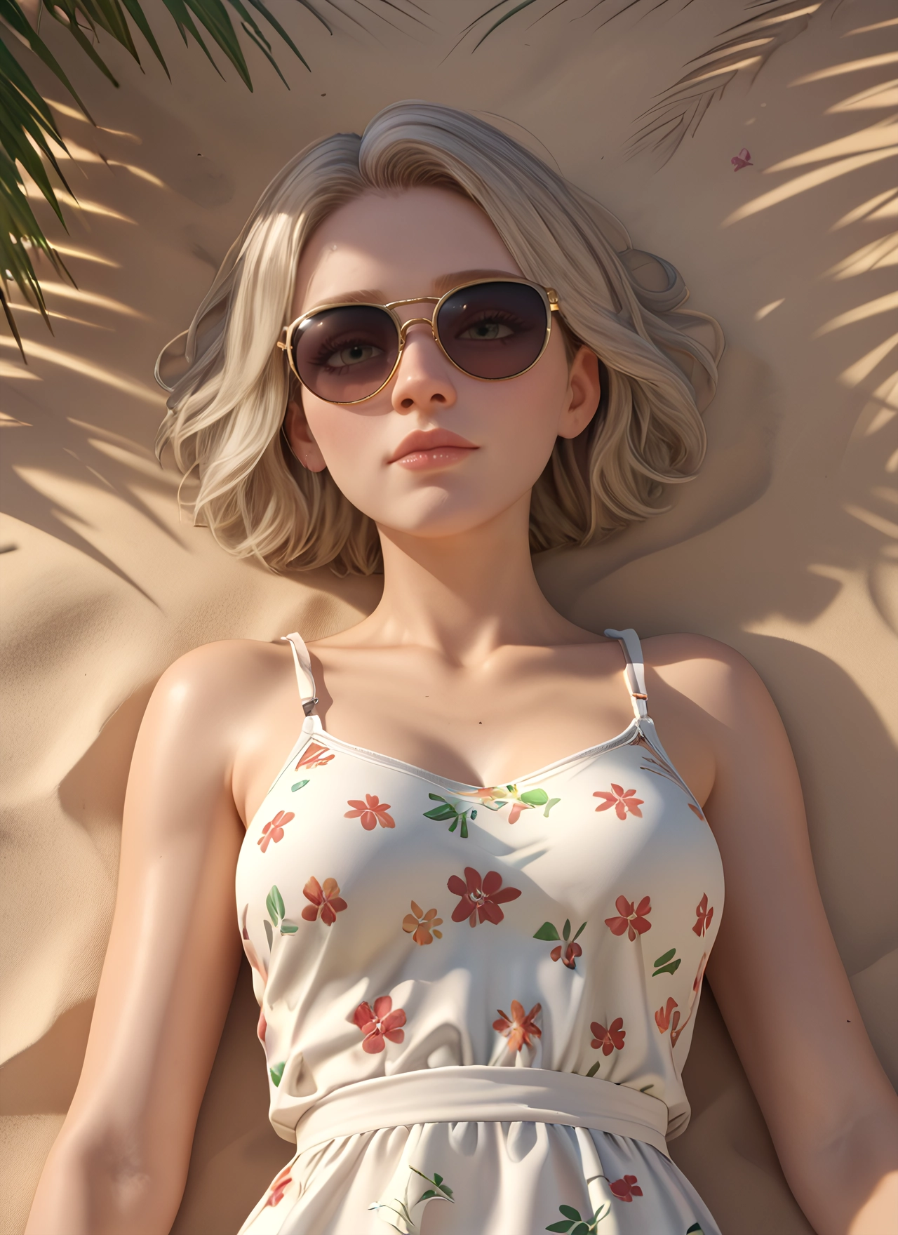 1girl, solo, dress, sunglasses, on back, lying · Yamete.gg