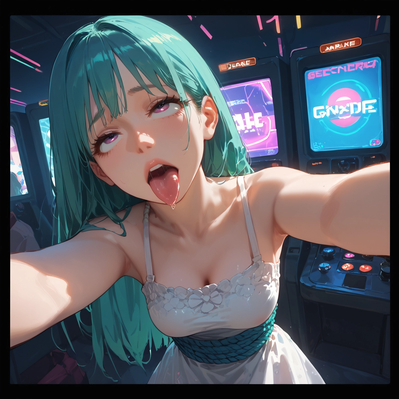 breasts, 1girl, tongue, dress, tongue out, long hair · Yamete.gg