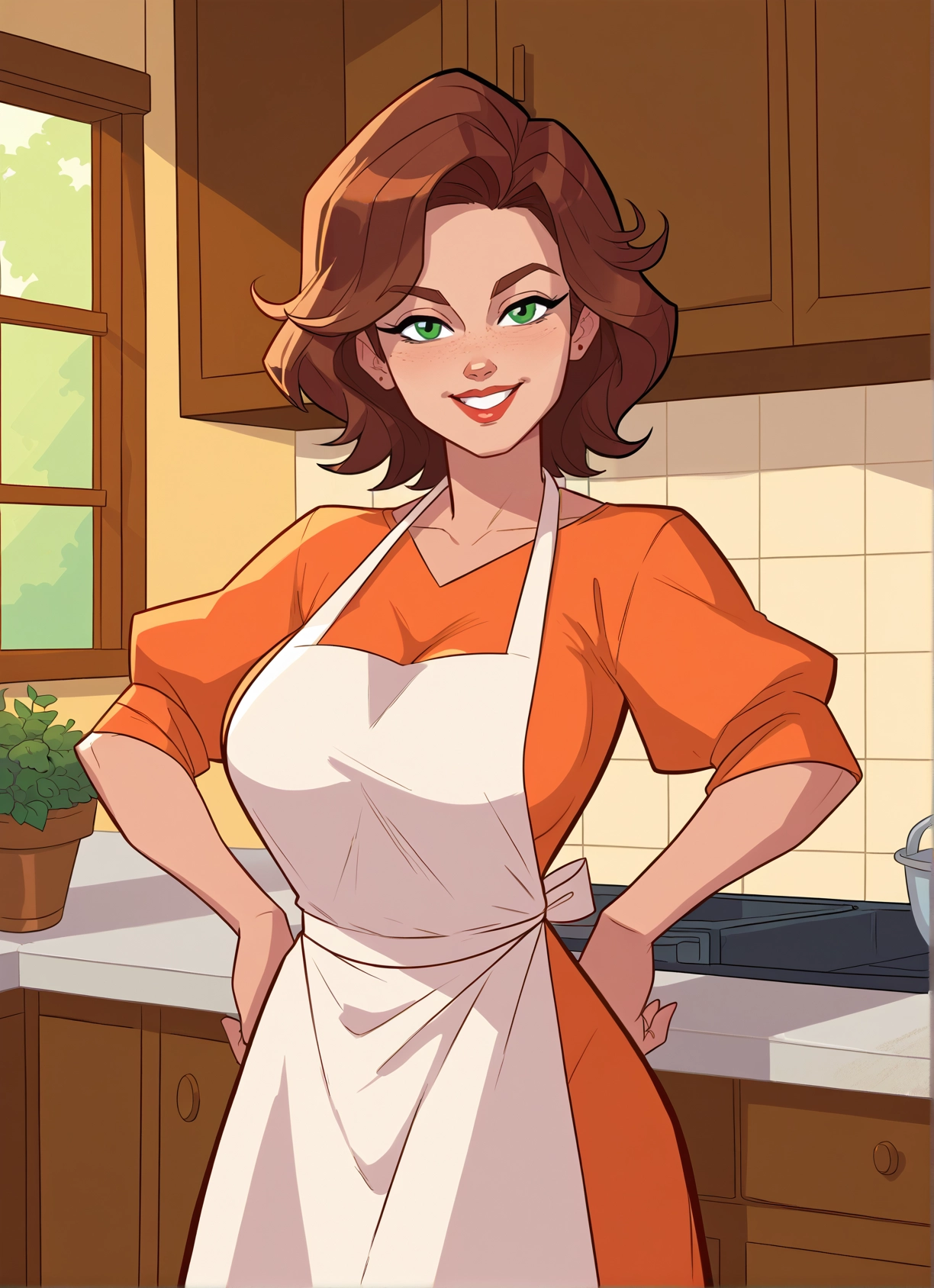 1girl, green eyes, apron, brown hair, solo, breasts · Yamete.gg