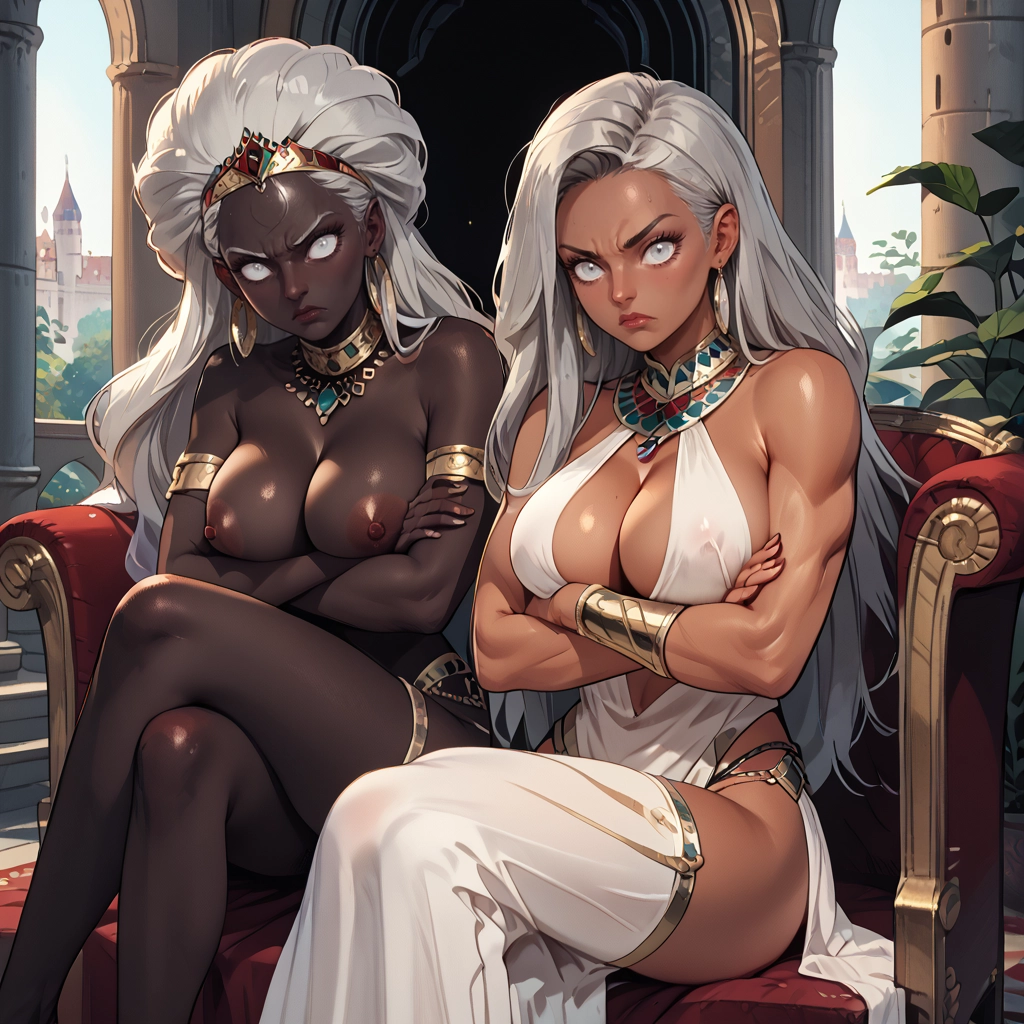 breasts, multiple girls, 2girls, nipples, jewelry, dark skin