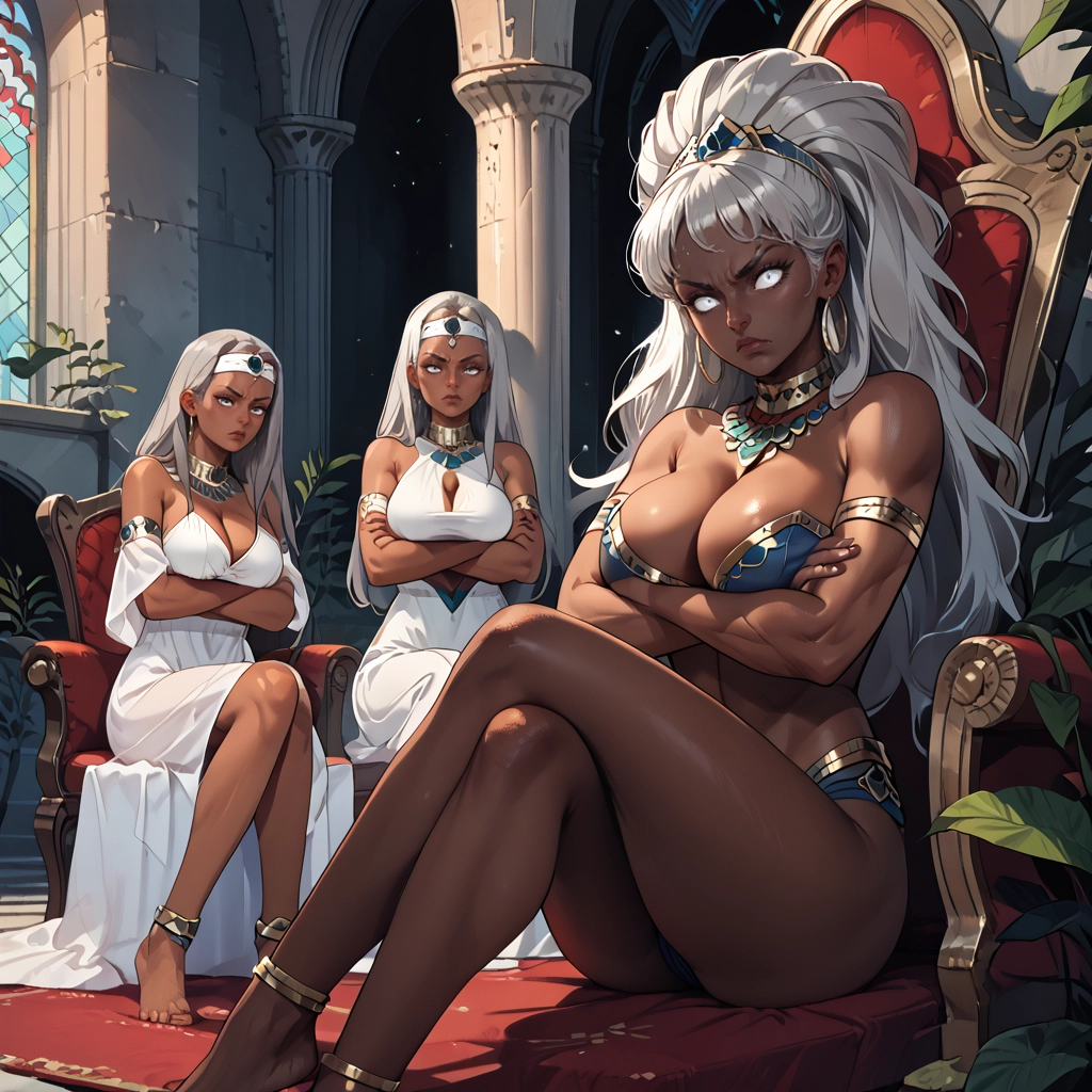 breasts, multiple girls, 3girls, barefoot, jewelry, dark skin