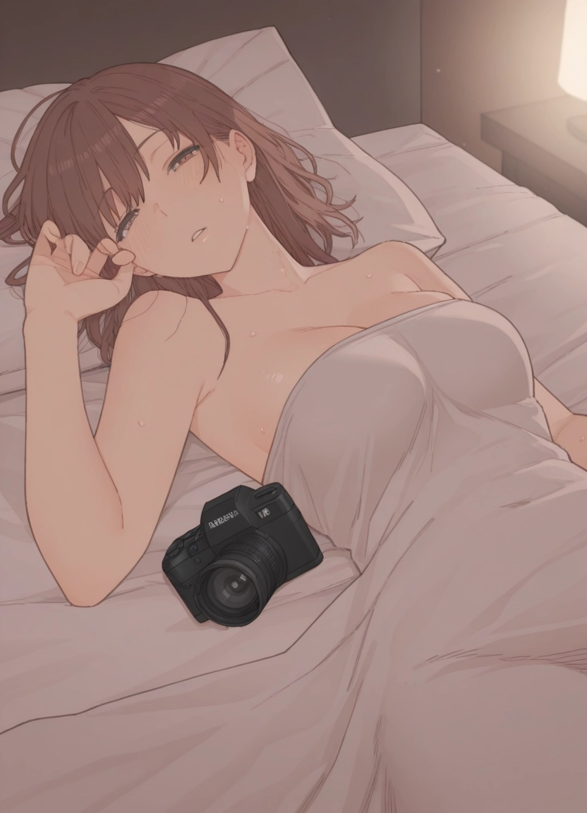 1girl, breasts, brown hair, solo, lying, camera