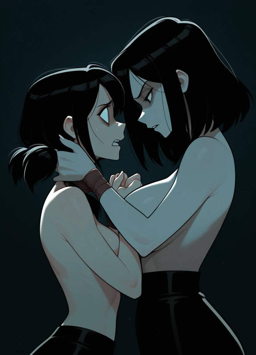 breasts, multiple girls, 2girls, topless, black hair, from side