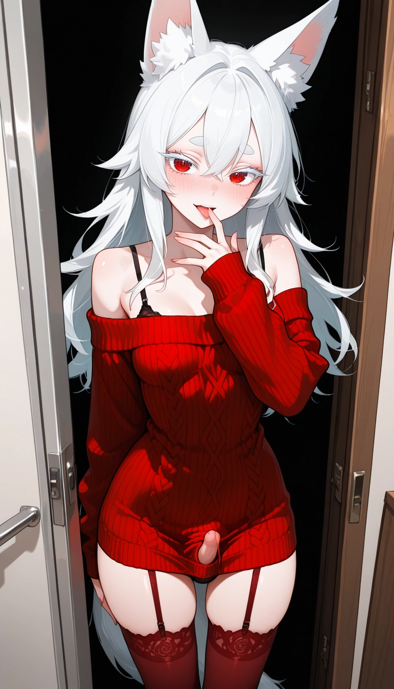 red thighhighs, red sweater, red eyes, solo, animal ears, sweater