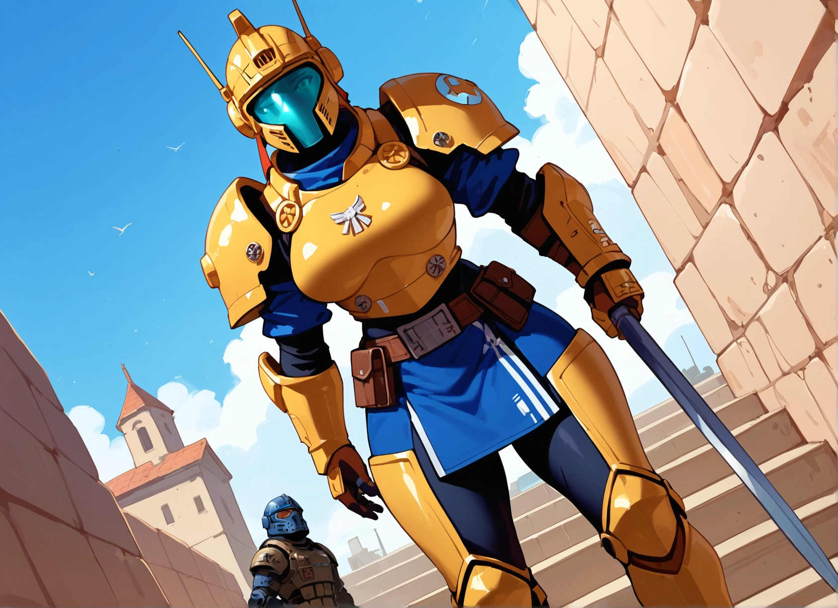 weapon, sword, armor, 1girl, helmet, 1boy · Yamete.gg