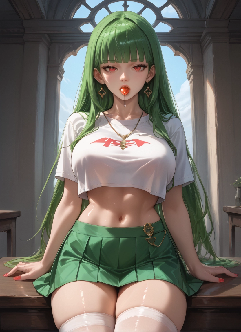 1girl, skirt, thighhighs, long hair, food, navel · Yamete.gg