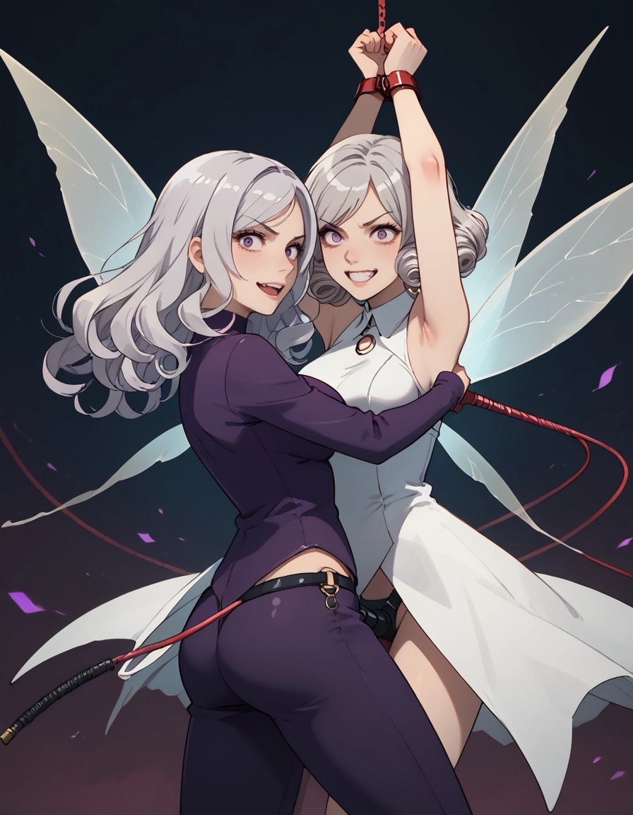 multiple girls, 2girls, looking at viewer, bound, purple eyes, arms up · Yamete.gg