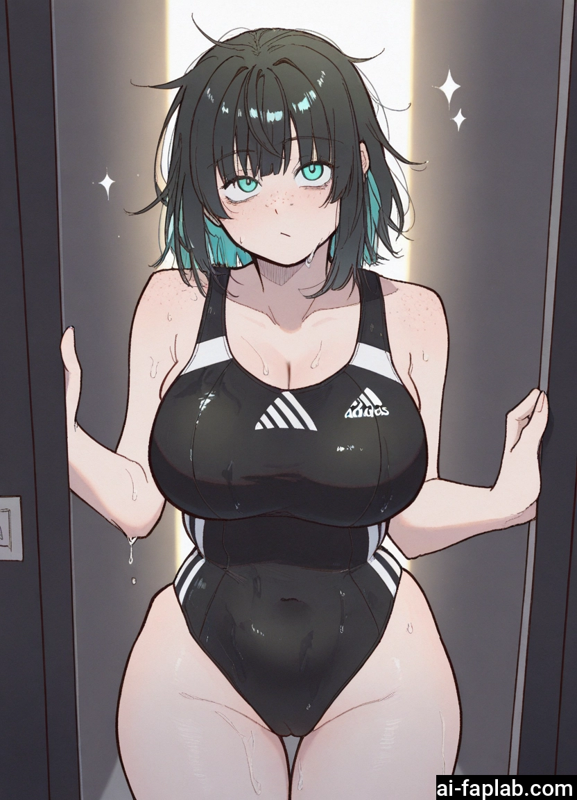 1girl, breasts, swimsuit, one-piece swimsuit, black hair, solo