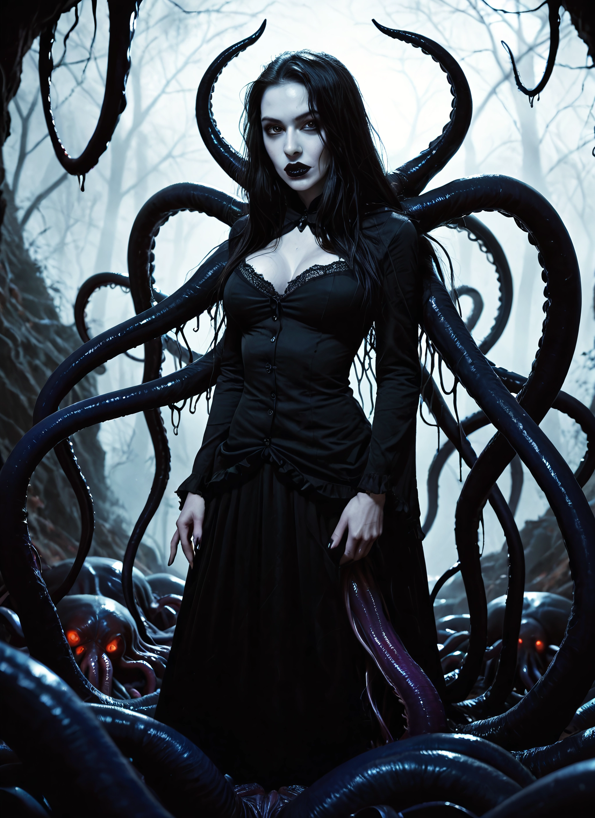 1girl, tentacles, breasts, long hair, black hair, cleavage · Yamete.gg
