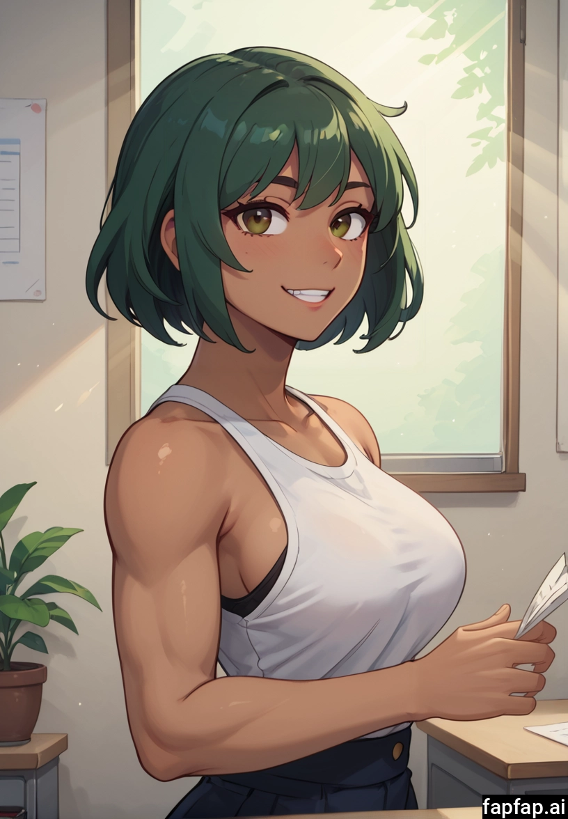 1girl, solo, smile, green hair, breasts, short hair